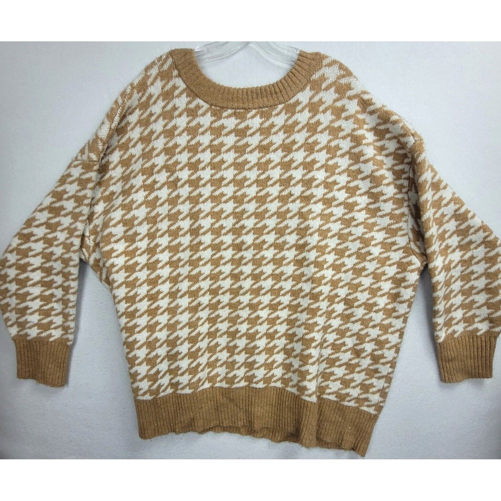 Ava Viv Womens Sweater 4X Hounds Tooth Pattern‎ Brown and White Long Sleeve